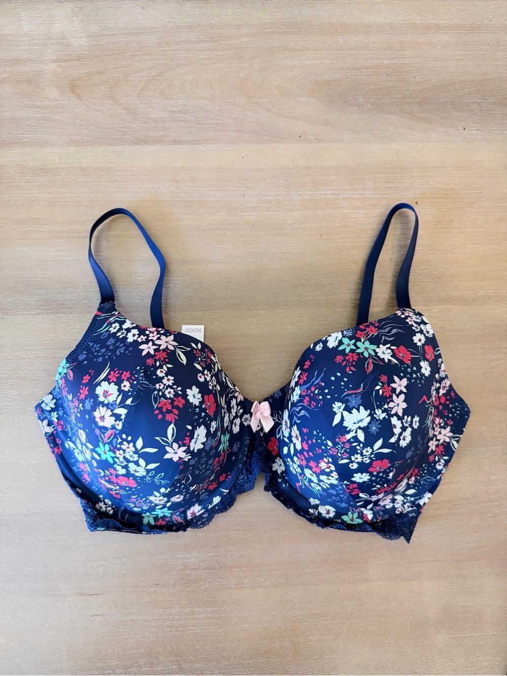Adore Me ‘Kati’ Floral Navy Underwire T-Shirt Bra with Lace Trim, Sz 36DDD, NWT